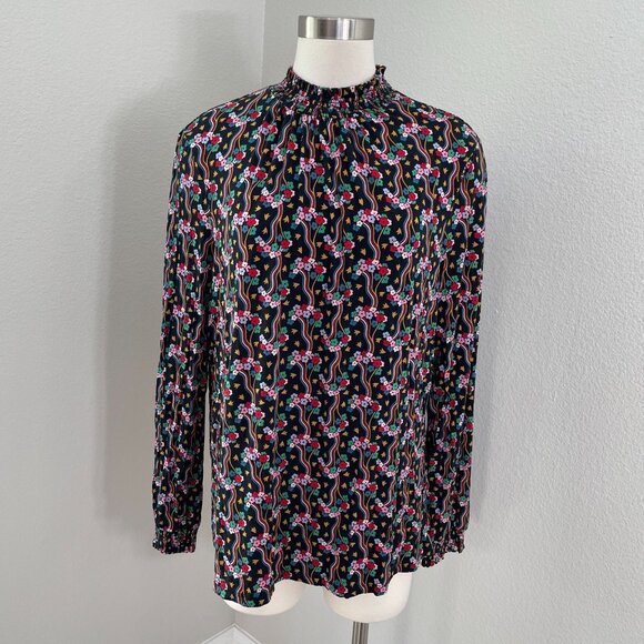 Boden Womens 14 Floral Long Sleeve Smocked Mock Neck Top Stretch Shirt - Picture 1 of 11